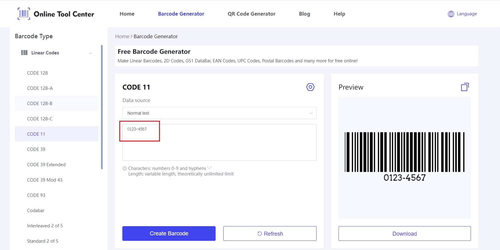 Dados de entrada no Code 11 Barcode Generator.png