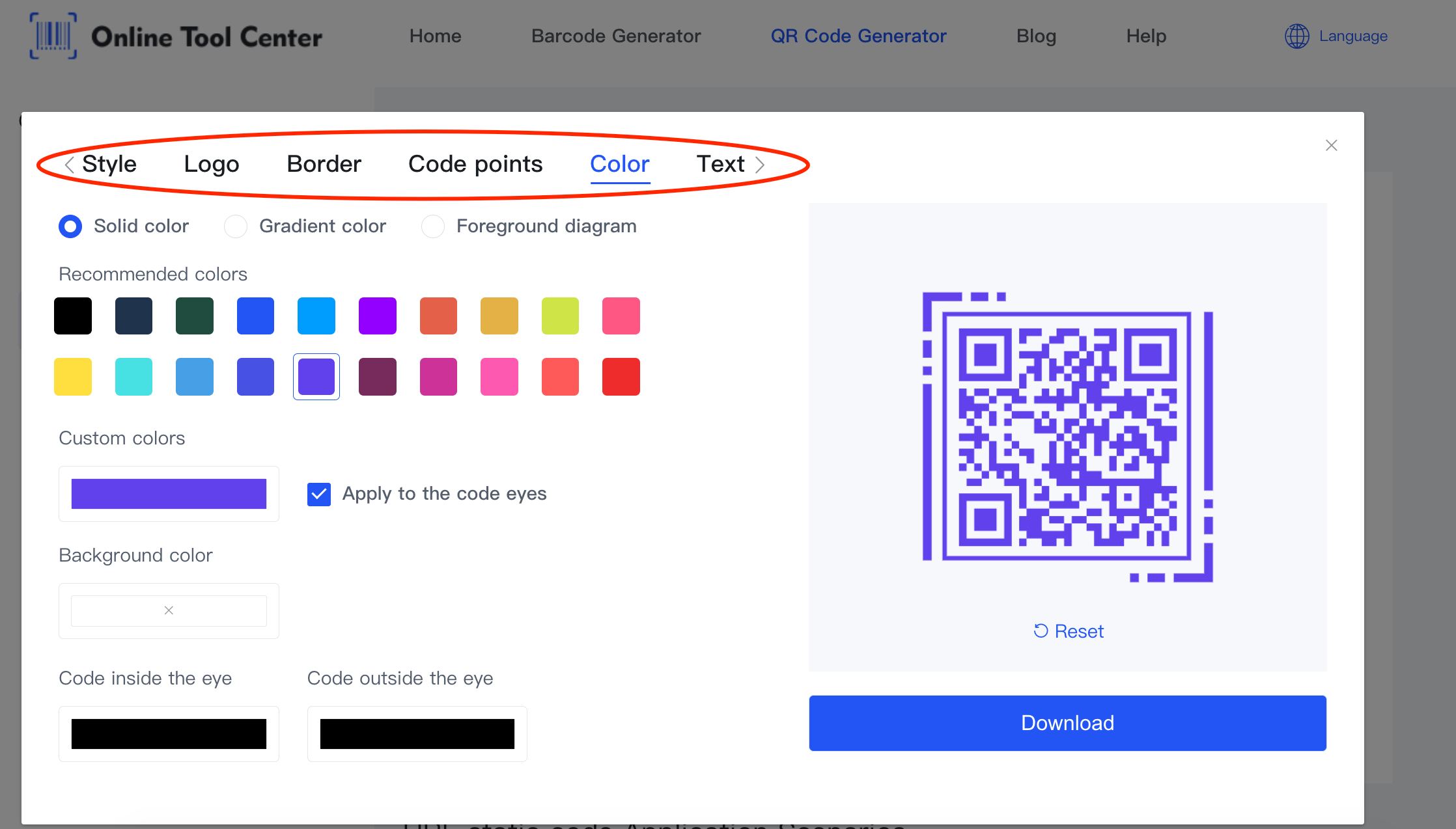 Opções de personalização no qr code generator.png