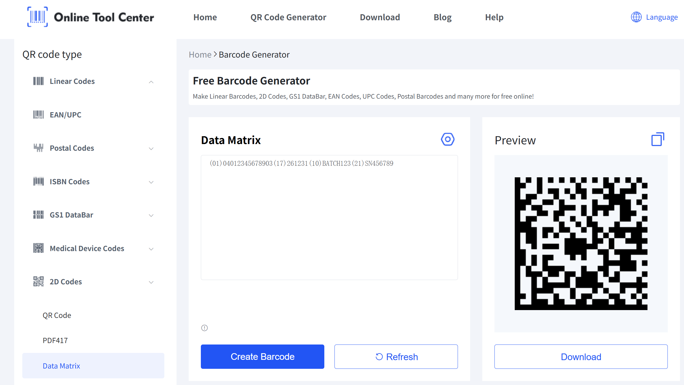 código de matriz de dados