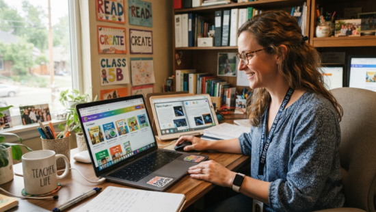 teacher using book creator tool professor usando ferramenta de criador de livros
